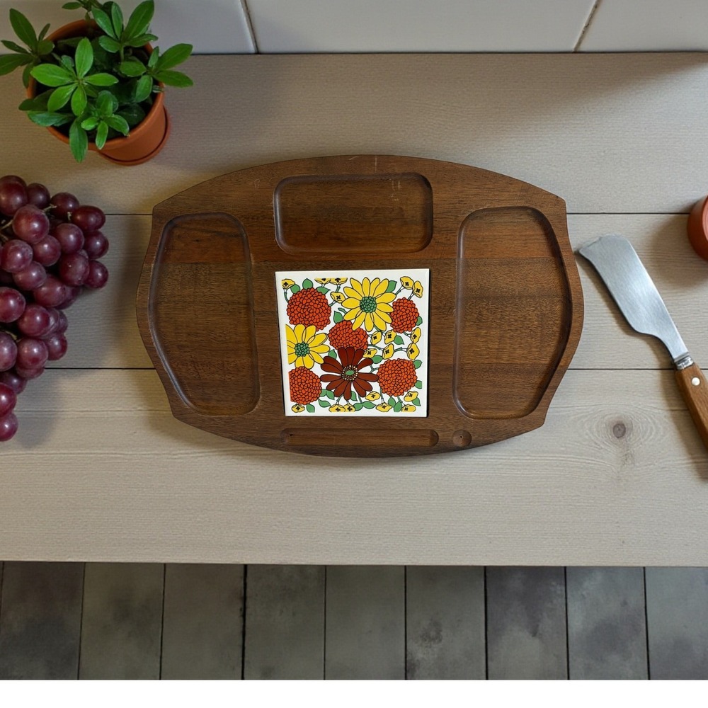 Vintage 1970s Gail Craft Wood Cheese Board Charcuterie Tray‎ Floral Tile MCM
